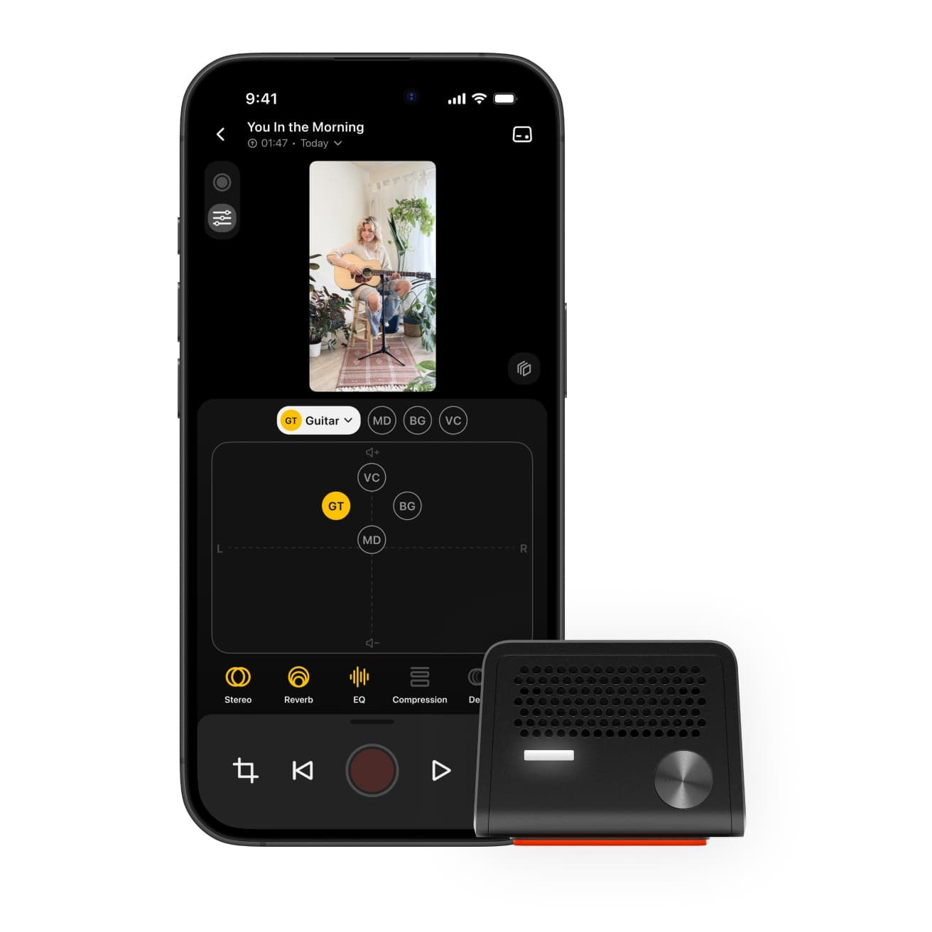 Audigo wireless microphone and mobile phone showing the Audigo app